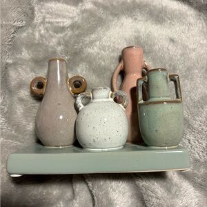 Stoneware Mounted Vases on a Base with Reactive Glaze, Multicolor